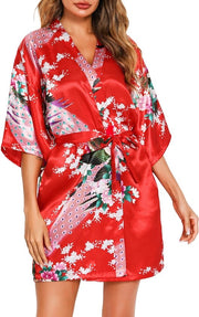 Kimono Satinato Camicia da Camera Corta con V Collo e Cintura per Signore (S, Rosso Melone)