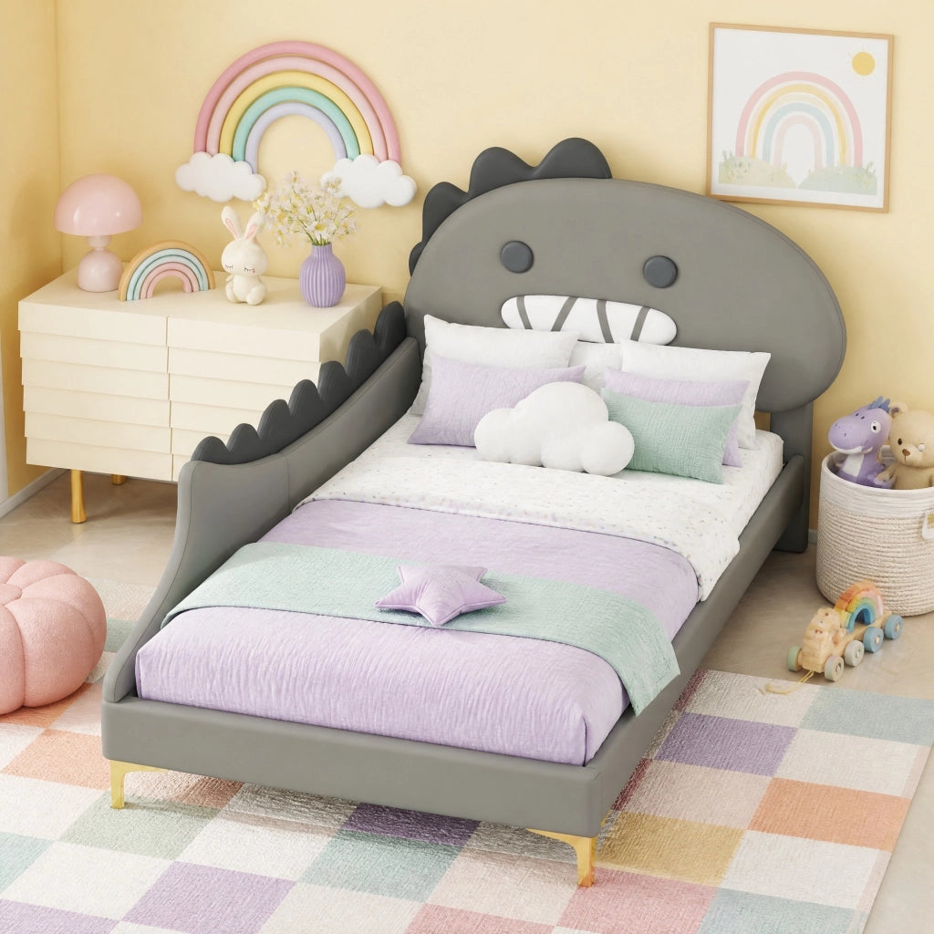Letto per bambini 90x200 cm a forma di dinosauro in PU e MDF, grigio