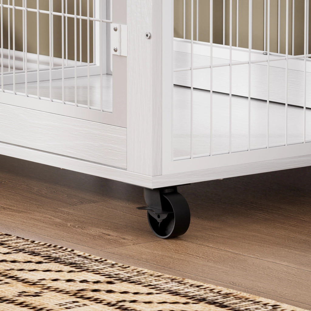 Cassa per cani in stile mobile con doppia porta, apertura superiore ribaltabile, ruote, pannelli in truciolare e acciaio bianco 80 × 56 × 69.5 cm