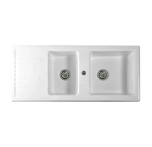 Lavello 116x50 cm da incasso in ceramica due vasche - Bianco