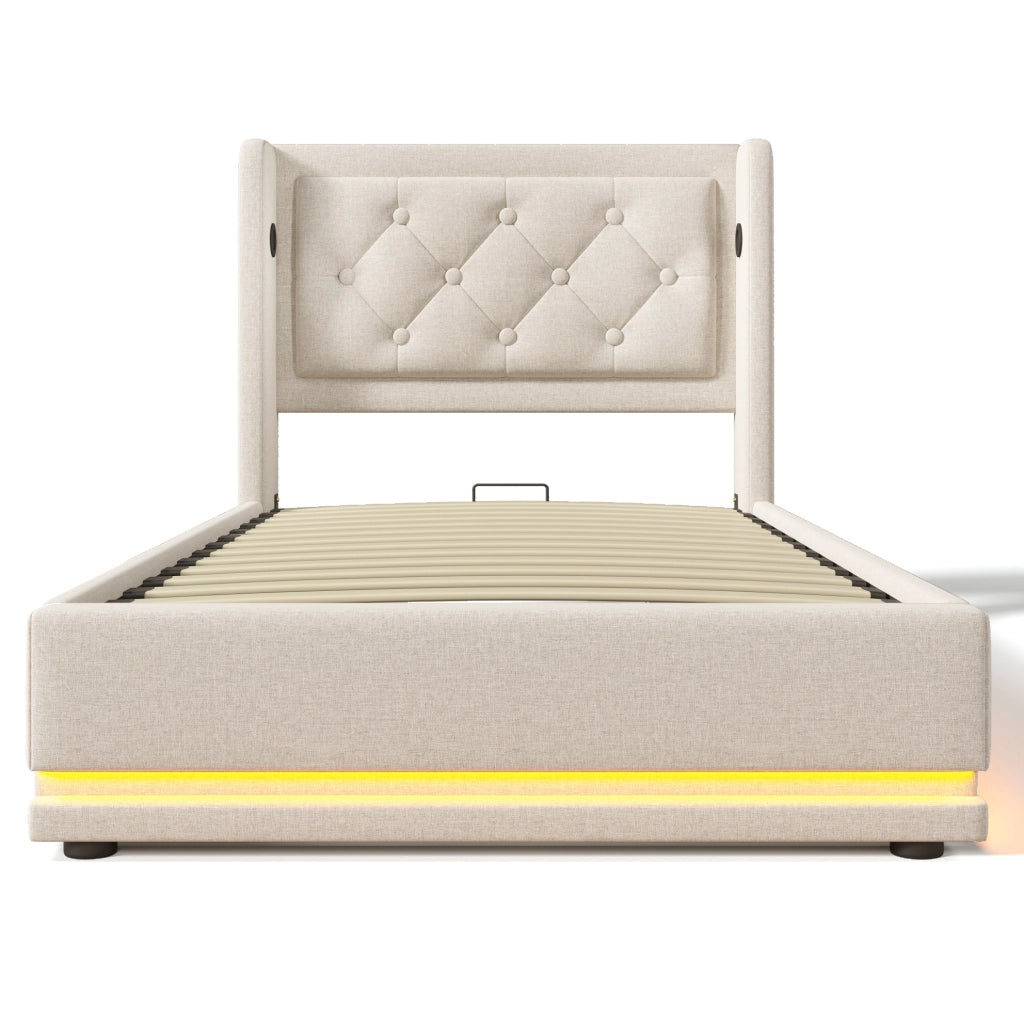 Letto singolo imbottito con contenitore, LED a 3 lati e ricarica USB/Tipo C