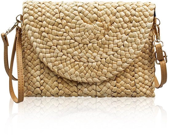 Borsa da Spalla in Stro Naturale con Cinturino Regolabile, Tela a Maglia Handmade, Borsa da Spalla per la Notte, Marrone, Unico