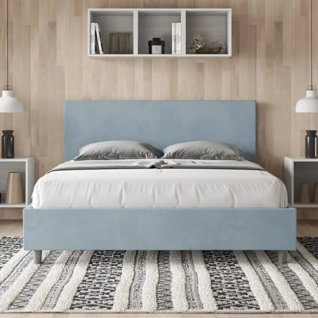Letto matrimoniale senza rete imbottito 160x190 microfibra azzurro Adele