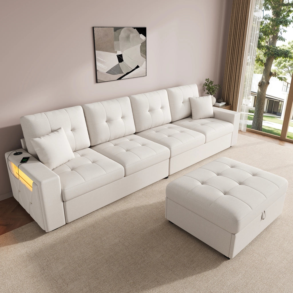 Divano angolare 4 posti con contenitore; USB e LED; pouf modulare in tessuto beige