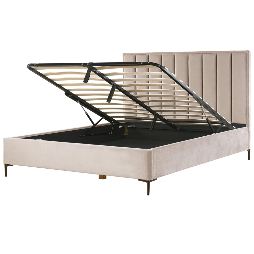 Letto Matrimoniale con Contenitore in Velluto tortora 180 x 200 cm con poggiatesta imbottita ottomana gambe in metallo Nero