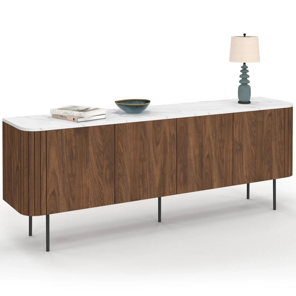 IDMarket - Credenza bassa MARLA 160 cm con 4 ante e doghe effetto noce e piano in marmo bianco ALASKA