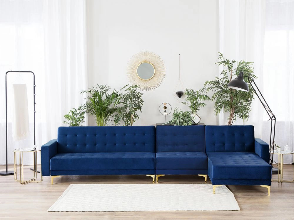 Divano letto ad angolo in tessuto trapuntato in velluto blu navy moderno a forma di L modulare a 5 posti Chaise longue versione sinistra