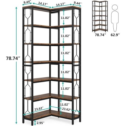 Libreria angolare industriale a 7 ripiani, scaffale da terra salvaspazio in legno ingegnerizzato e metallo nero