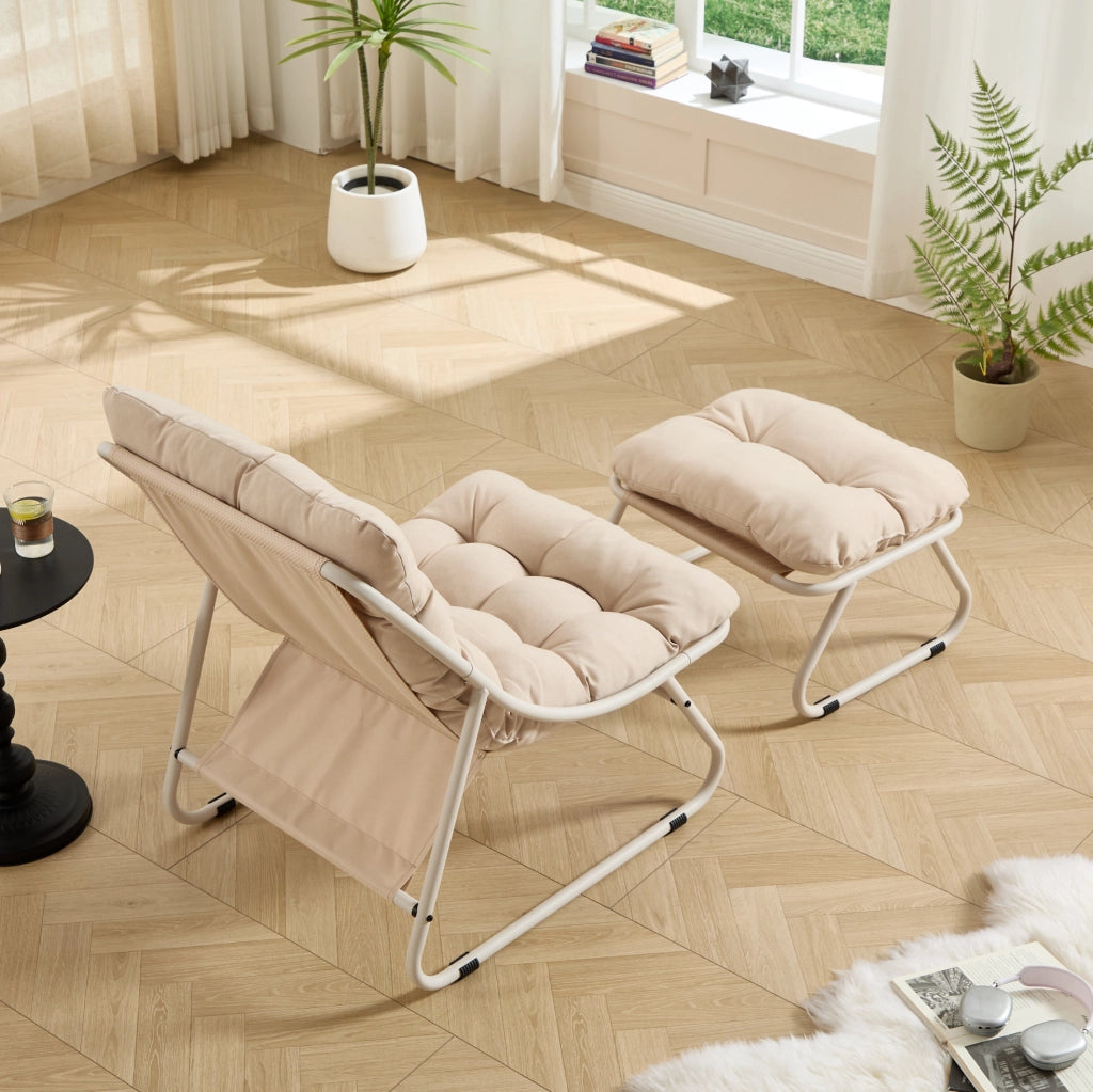 Poltrona relax da esterno con pouf beige in acciaio