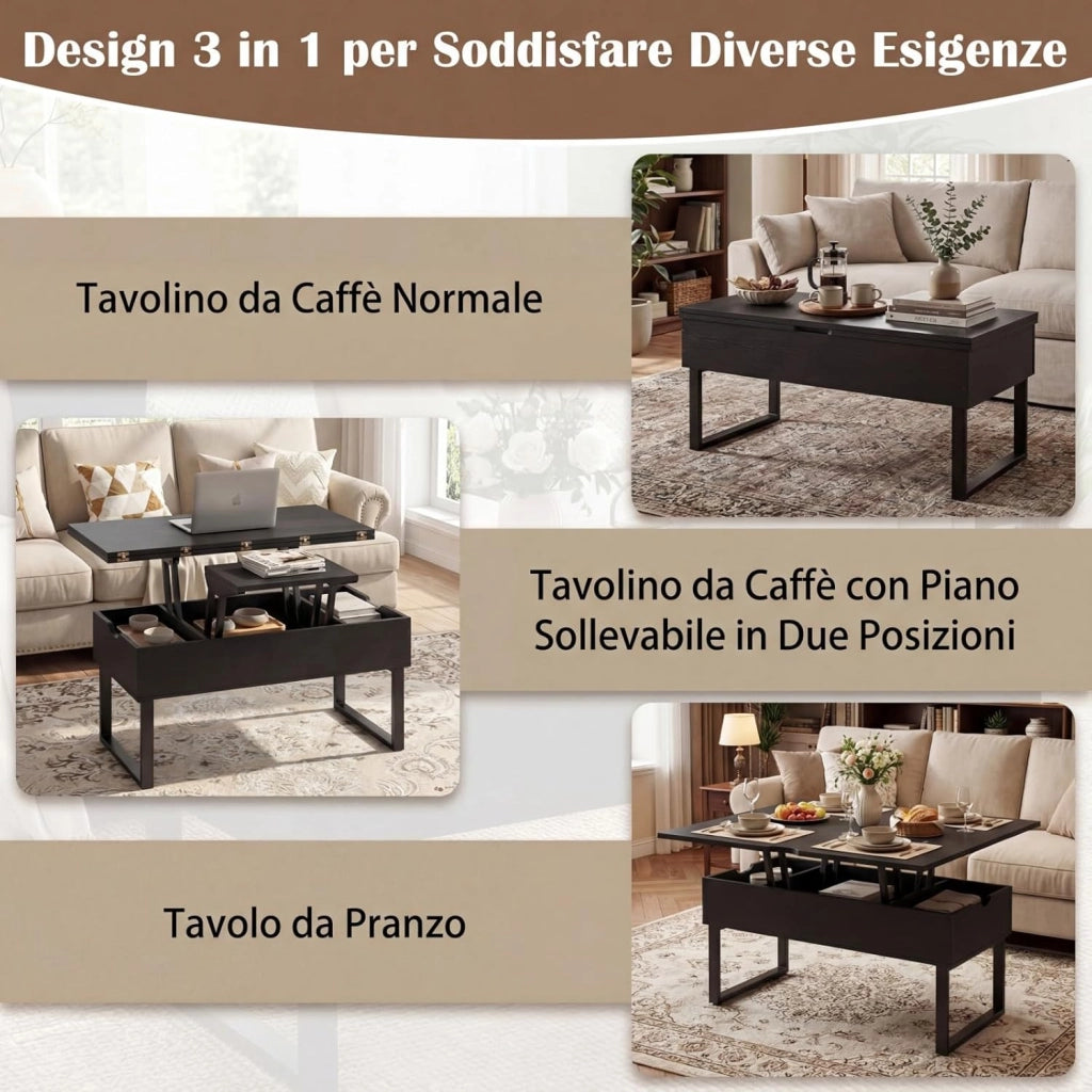 3 in 1 Tavolino da Salotto con Piano Sollevabile e Pieghevole, Tavolino Moderno Trasformabile in Tavolo da Pranzo in Legno con 3 Vani Nascosti, Ideale per Soggiorno e Ufficio (Nero)