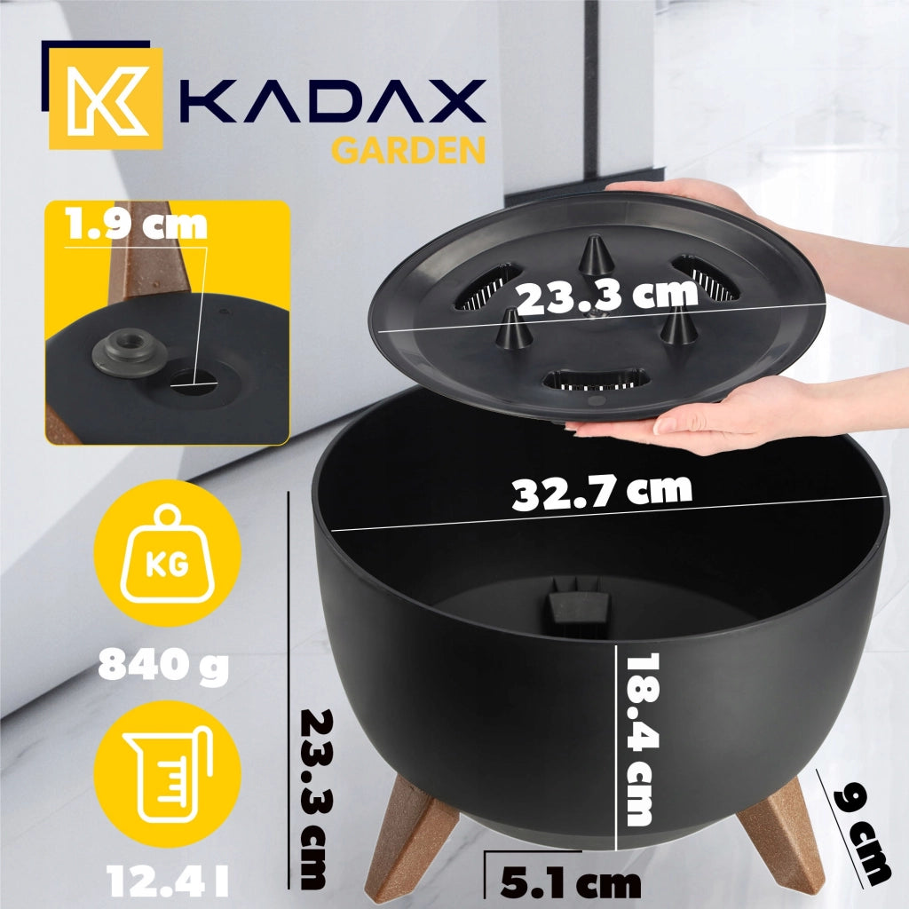 Vaso da fiori KADAX, fioriera, coperchio, gambe, inserto, supporto per fiori, 33 cm, ciotola rotonda nera