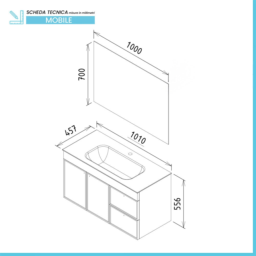 Mobile bagno sospeso 100cm bianco opaco con specchio e lavabo Craft