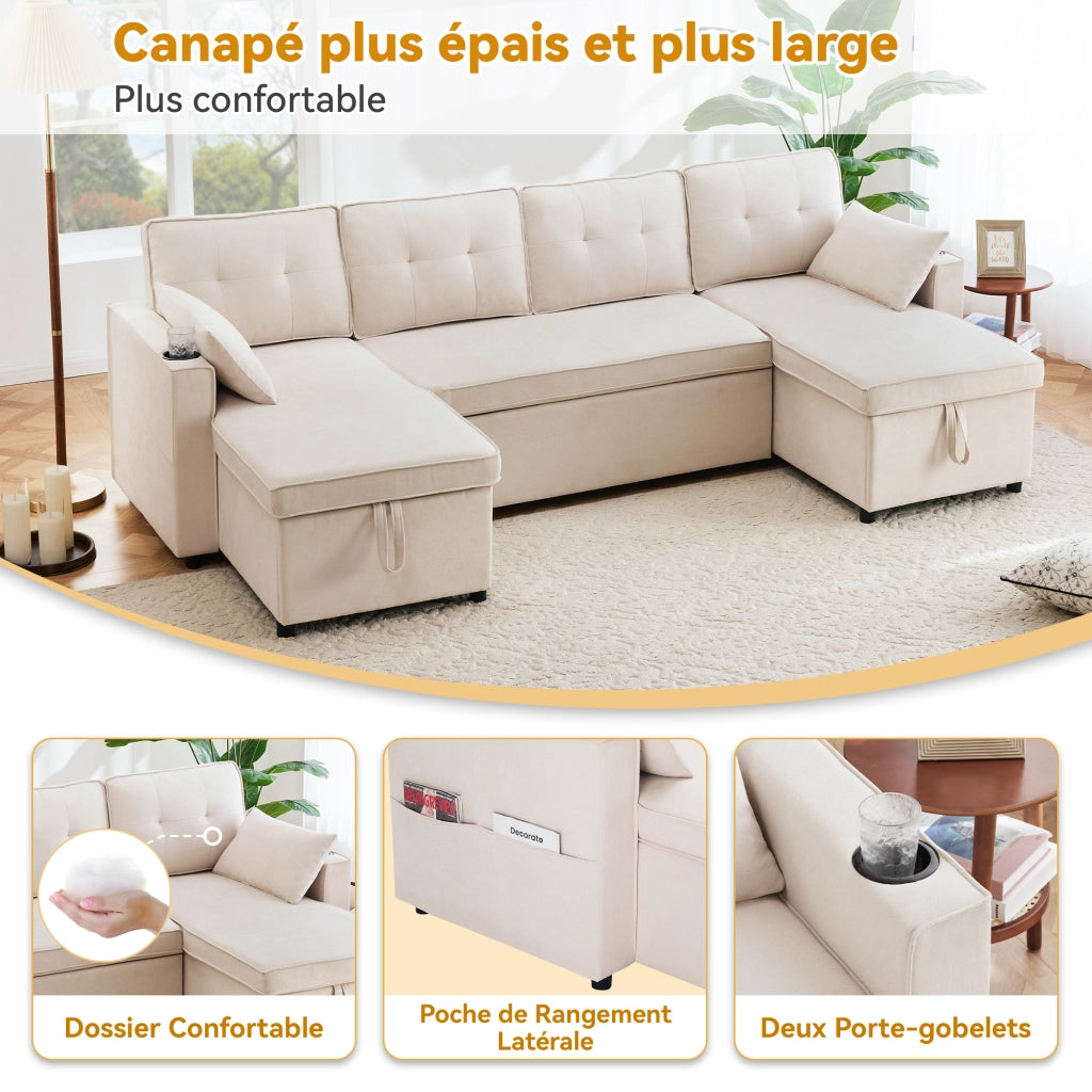 Divano Panoramico Convertibile a U 4 Posti con Contenitore; Portabicchieri e Cuscini; in Cotone Lino Beige