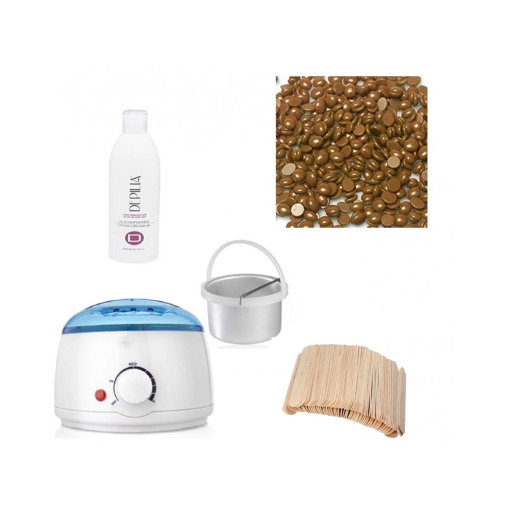 Trade Shop - Kit Depilazione Ceretta Brasiliana Con Scaldacera Spatola In Legno Olio Sfere -