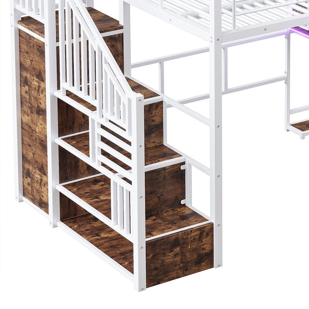 Letto a Soppalco Letto Matrimoniale con LED; Scrivania; Armadio e Scaffali 140×200 cm; senza Materasso