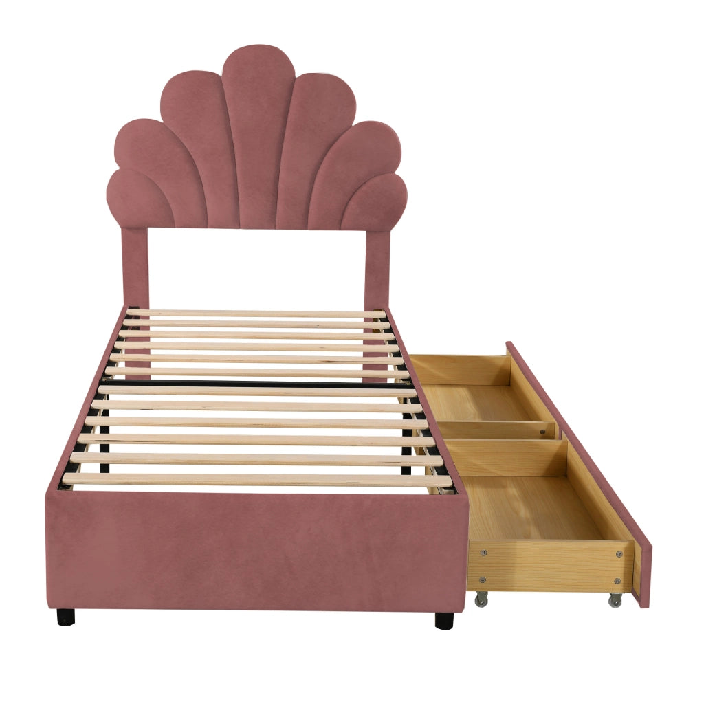 OKWISH Letto Bambini 90×200 cm, Letto Singolo con 2 Cassetti, Testiera Imbottita, 2 Vani e Velluto, senza Materasso, Rosa