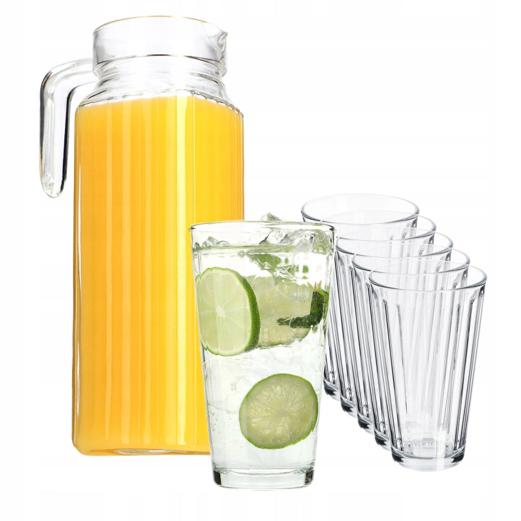 Caraffa in vetro KADAX per bevande da 1,1 l + 6 bicchieri da 360 ml per succhi di frutta