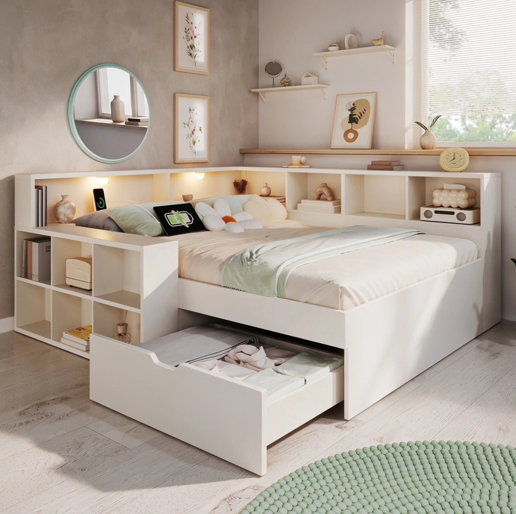 Letto matrimoniale 140x190 cm con cassetti; USB e luci integrate; in truciolare; MDF e compensato; bianco