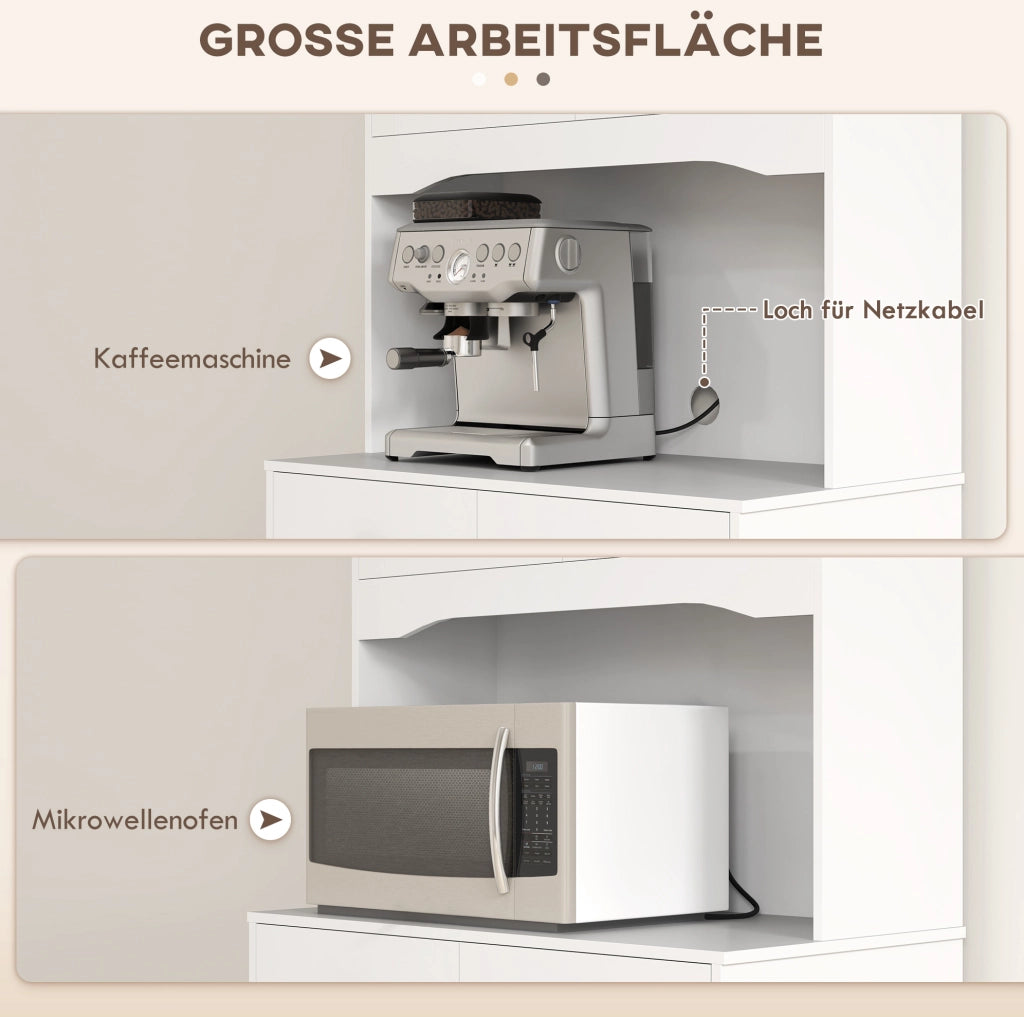 Mobile alto da cucina con ripiano per microonde; 2 armadietti e 2 cassetti; bianco