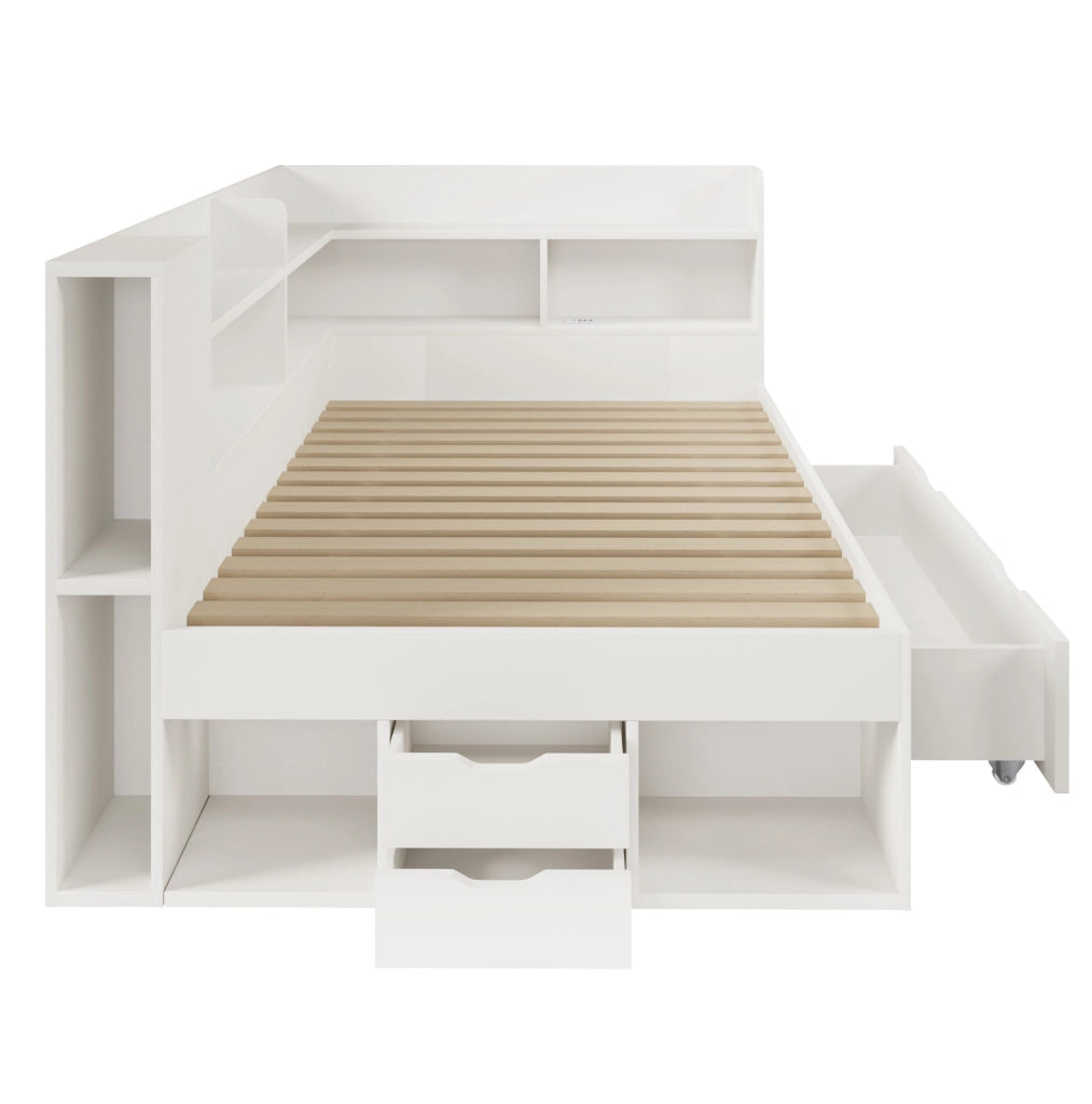 Divano letto 90x200 cm bianco con LED; USB e Type-C; ripiani e cassetti in legno