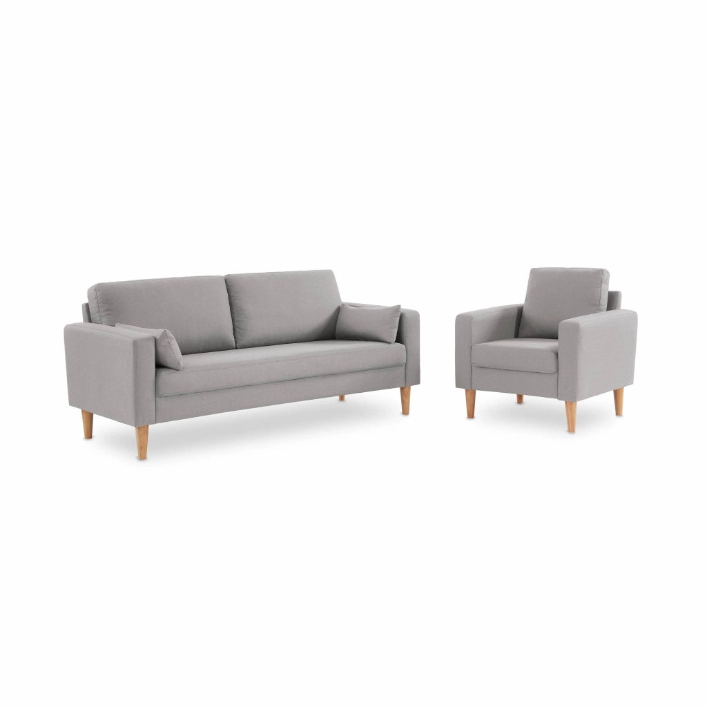 Poltrona scandinava in legno e tessuto, grigio chiaro