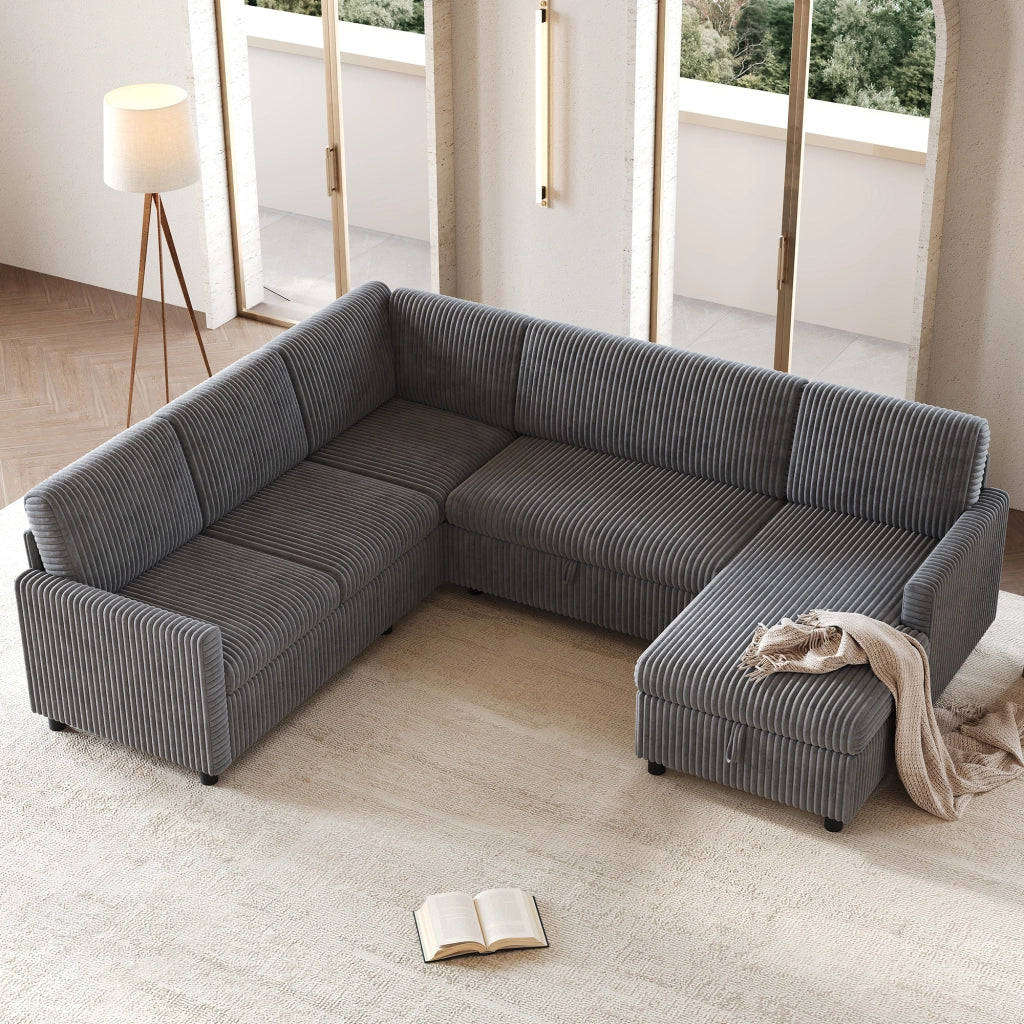 Divano angolare a U con funzione letto, chaise longue contenitore, corduroy grigio, 274¡Á220¡Á85 cm