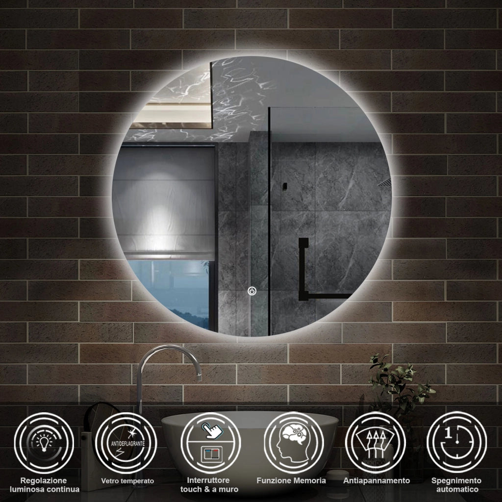 specchio 80 cm rotondo con luce led antiappannamento e touch