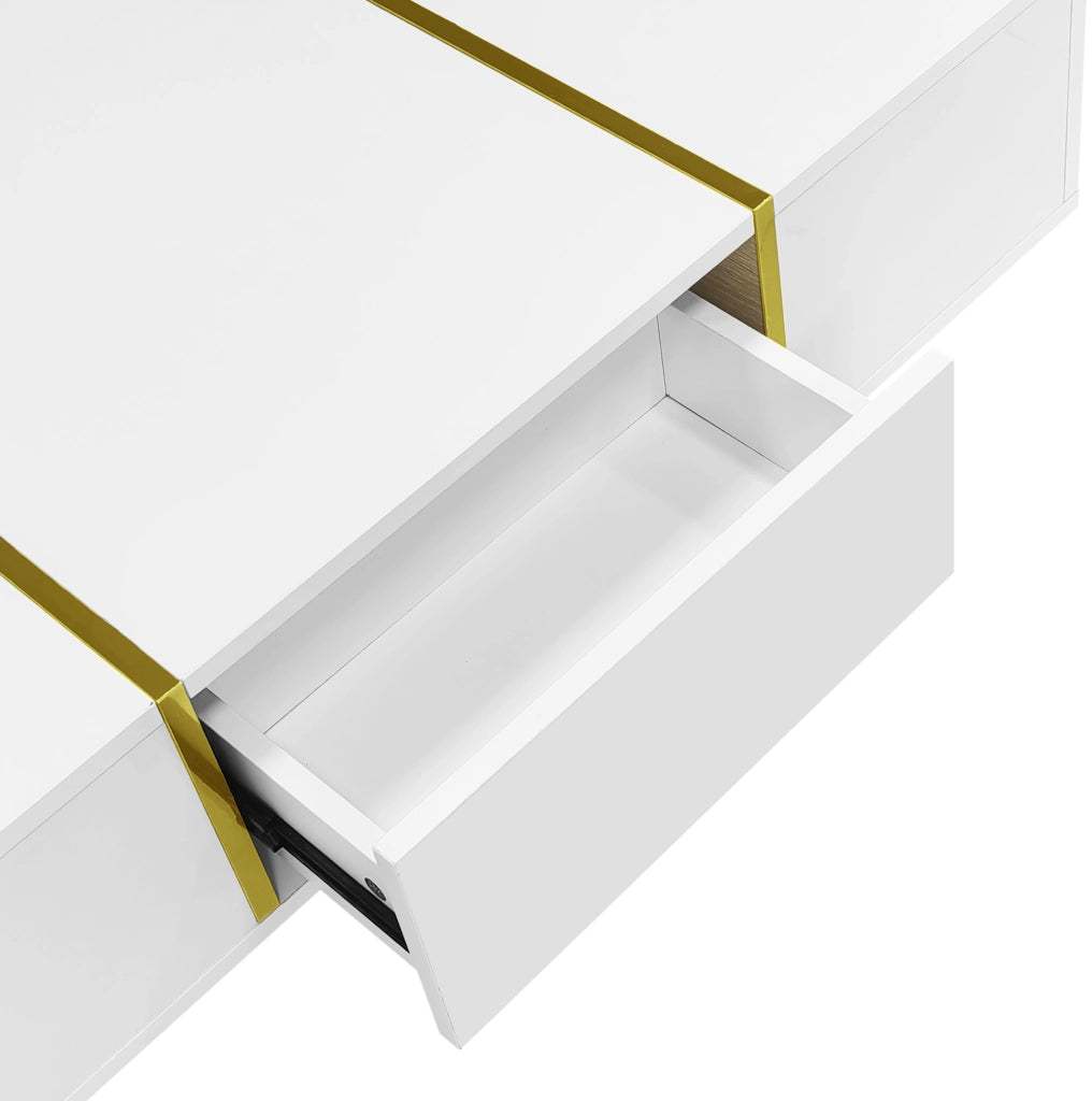 Tavolino da caffè moderno bianco lucido 100 x 60 x 41;5 cm in MDF con 2 cassetti