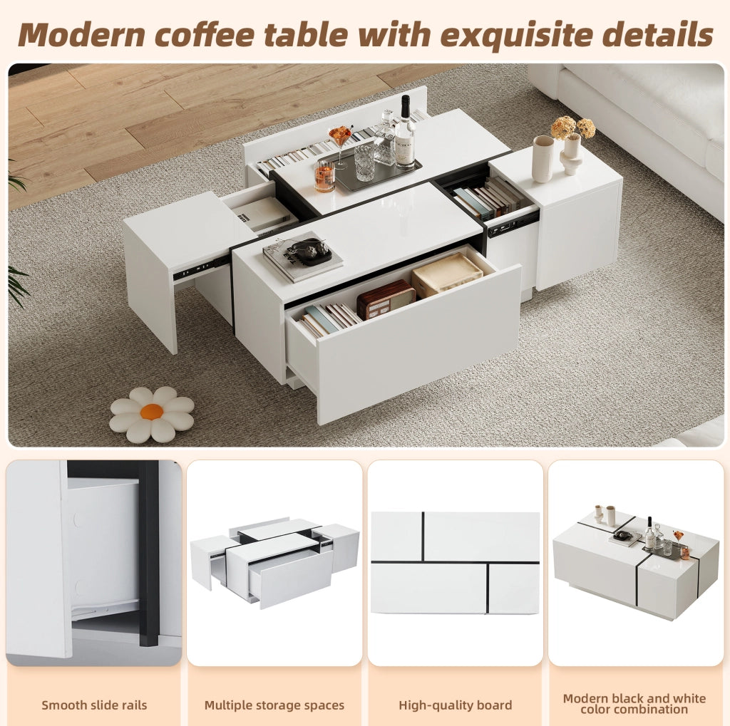 Tavolino da caffè 100x60x40 cm con 4 cassetti in truciolare bianco e nero