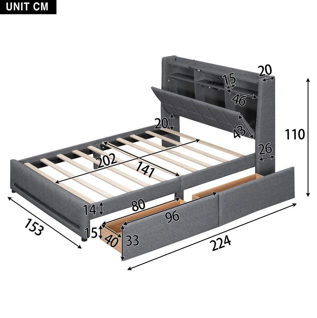 Letto imbottito 140x200 cm con LED APP; cassetti e USB in lino grigio