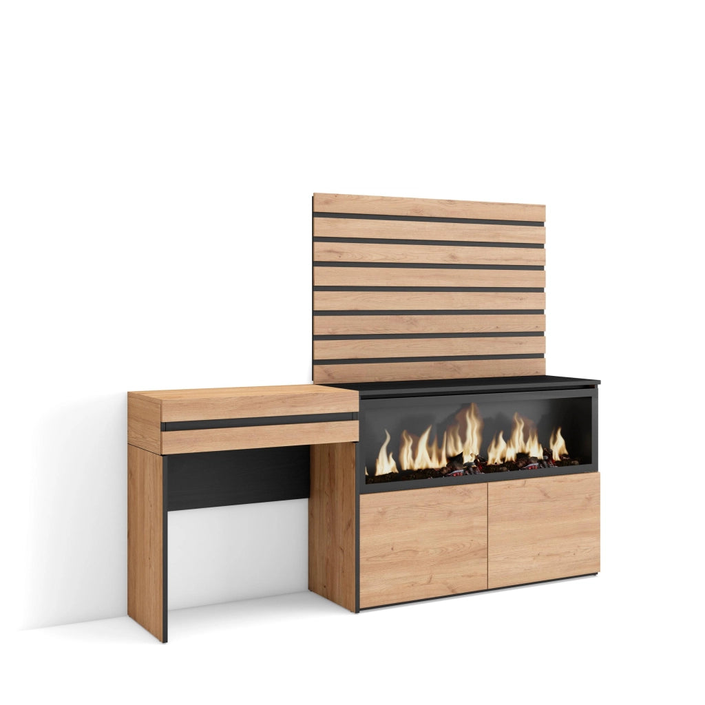 Tavolo da toeletta, 177x35x145cm, Con cassetto, Camino elettrico XXL, Pannelli Decorativi, colore Rovere RF3481