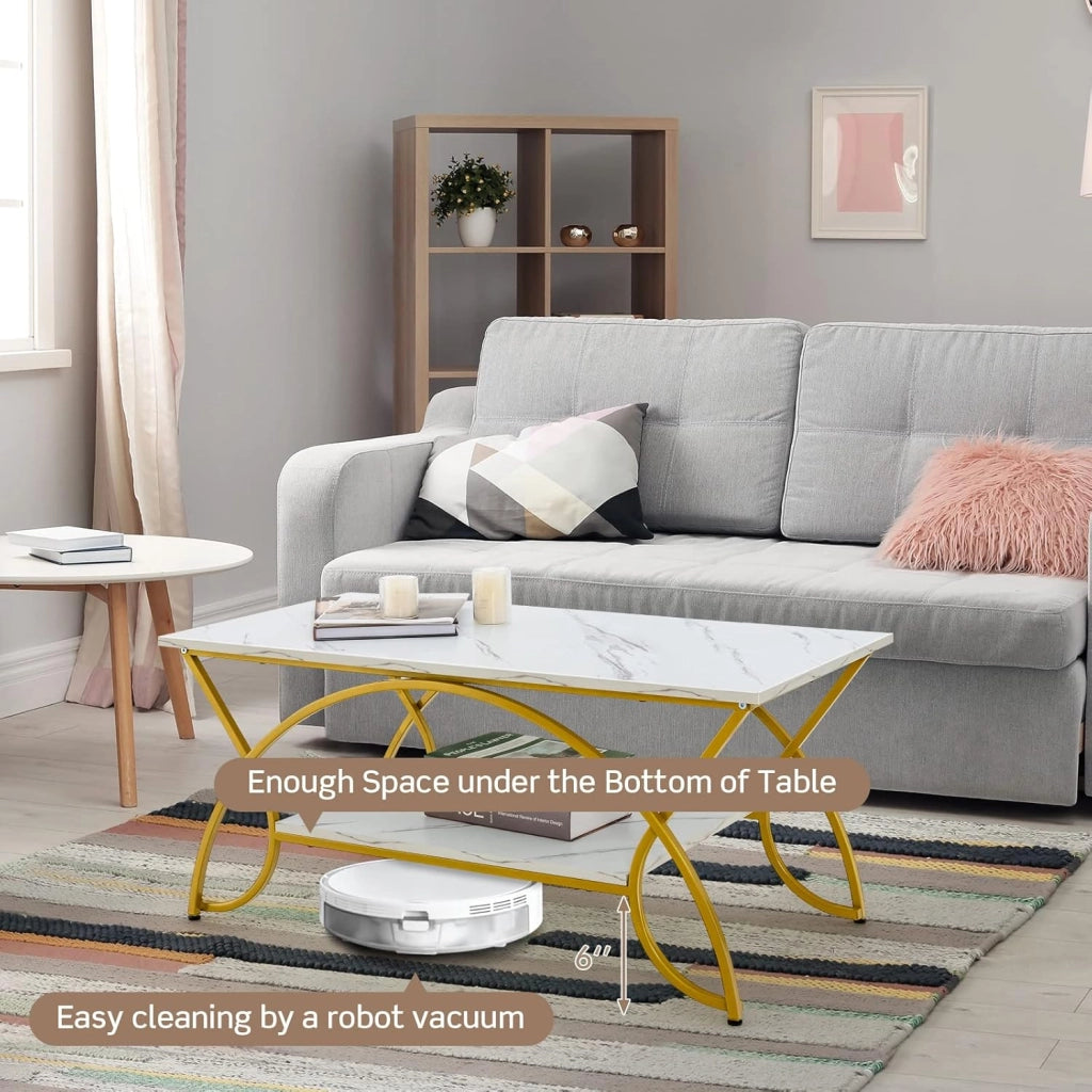Tavolino da Caffè Oro, Tavolo da Salotto con Gambe in Metallo, Tavolino con Effetto Marmo per Soggiorno, Studio, Camera,110 x 50 x 46 cm (Bianco+Oro)