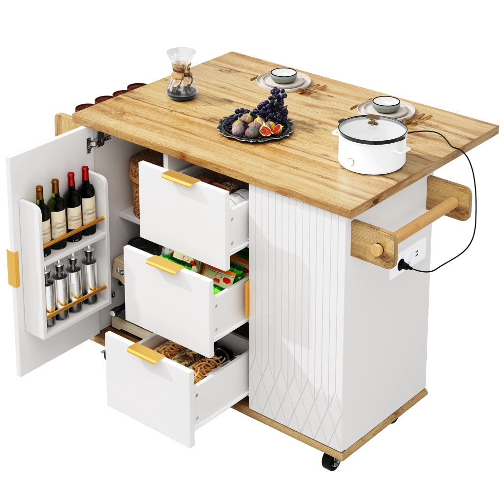 Mobile contenitore da cucina con 3 cassetti; 2 ante e presa USB; ruote - bianco