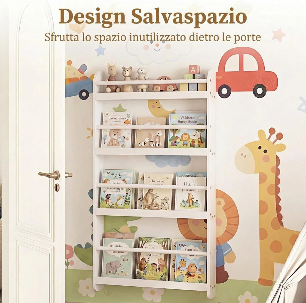 Libreria da Parete per Bambini, Scaffale Portaoggetti a 4 Livelli con Barre di Protezione e Bordi Rialzati, Libreria Salvaspazio per Cameretta per Bambini 3+ Anni, 56 x 12 x 107 cm (Bianco)