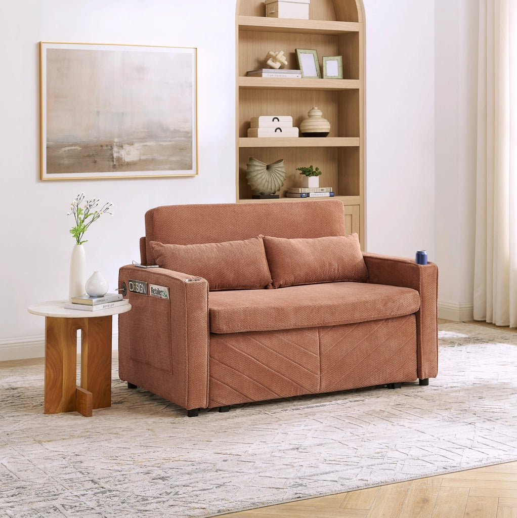 Divano letto 2 posti 195x134x73 cm in legno e tessuto arancione con USB