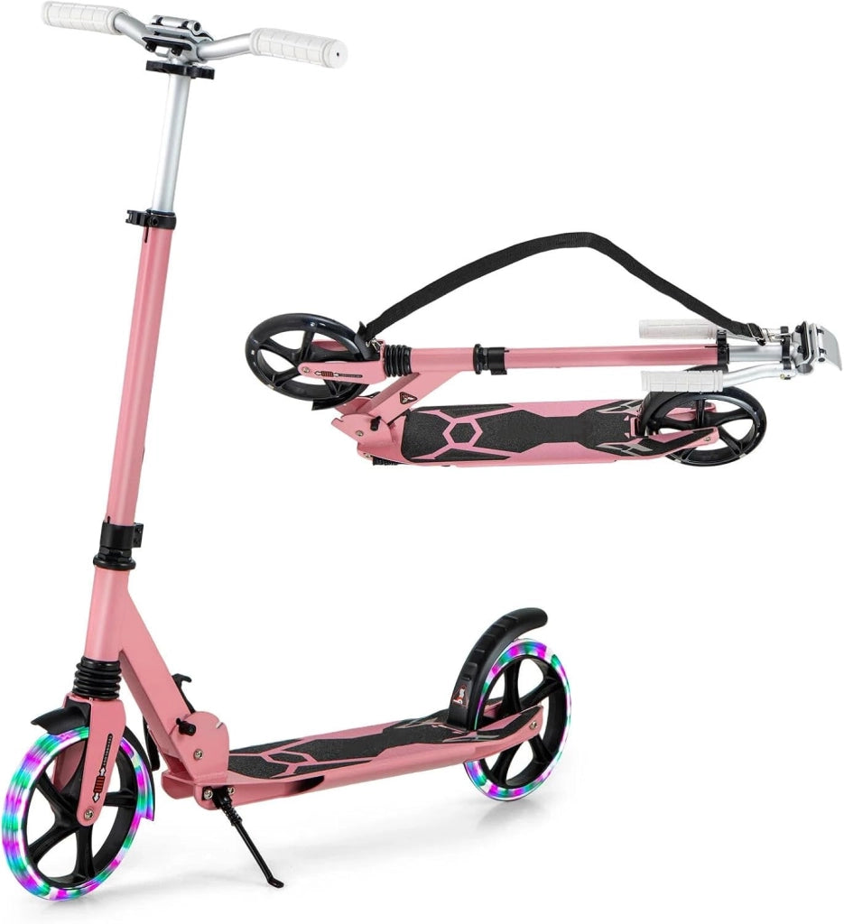 Monopattino da bambino con 2 ruote, LED e freno, skateboard pieghevole, 3 altezze regolabili, scooter in alluminio con cavalletto e cintura, carico 100 kg, bambini 8 anni
