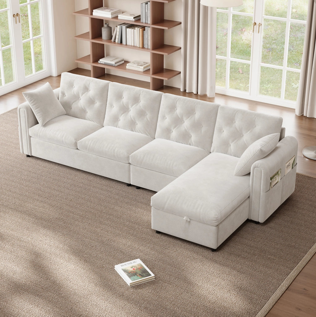 Divano angolare a L beige con letto e contenitore