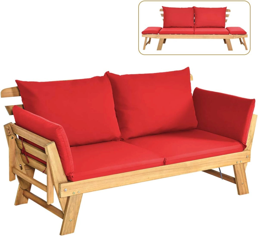 Divano Letto 2 Posti da Esterno in Legno di Acacia con Braccioli Regolabili, Sdraio da Giardino con Cuscini, Chaise longue Pieghevole per Giardino, Piscina, Cortile (Rosso)