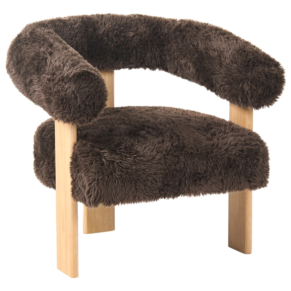 Poltrona marrone chiaro e marrone scuro con rivestimento in pelliccia sintetica design retrò e gambe in legno per salotto