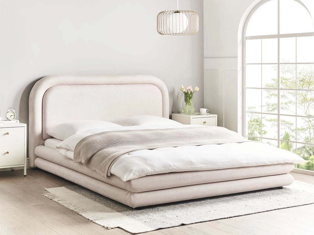 Letto ad acqua imbottito in tessuto con gambe nere con testata e rete beige chiaro mobili da camera 160 x 200 cm