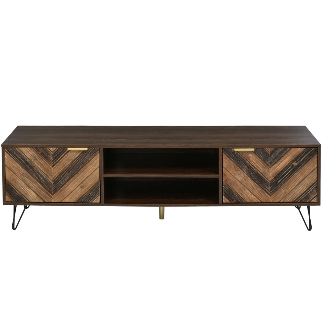 OKWISH Mobile TV con 2 Ante e 2 Vani, Maniglie Dorate e Gambe in Ferro, Naturale, 155×38×48 cm