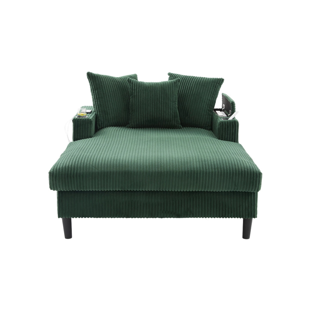 Divano Angolare in Velluto a Coste con Chaise Longue ¨C MINIMAL ¨C con LED, USB, Contenitore, Portabicchieri