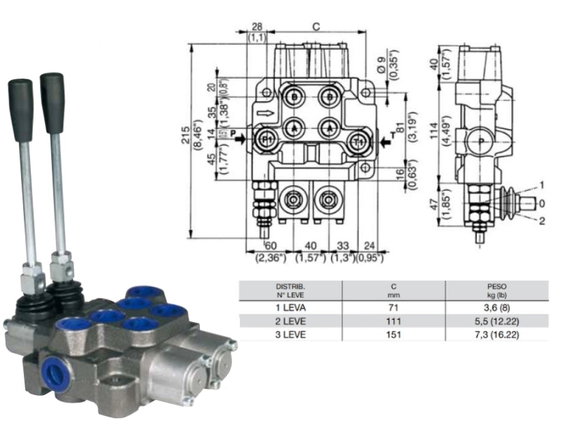 Distributore monoblocco in ghisa 2 leve 1/2 tipo DN predisposto per carry over - 80036