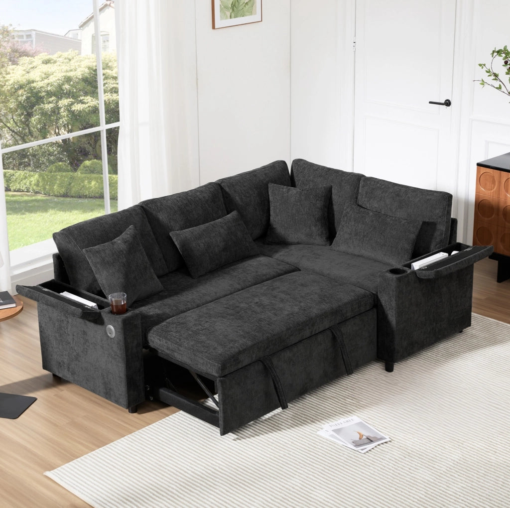 Divano letto angolare a destra con contenitore e USB 206;5x141x86 cm in ciniglia grigio scuro