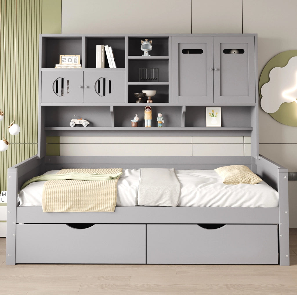 Letto singolo multifunzione 90x200 cm grigio con cassetti