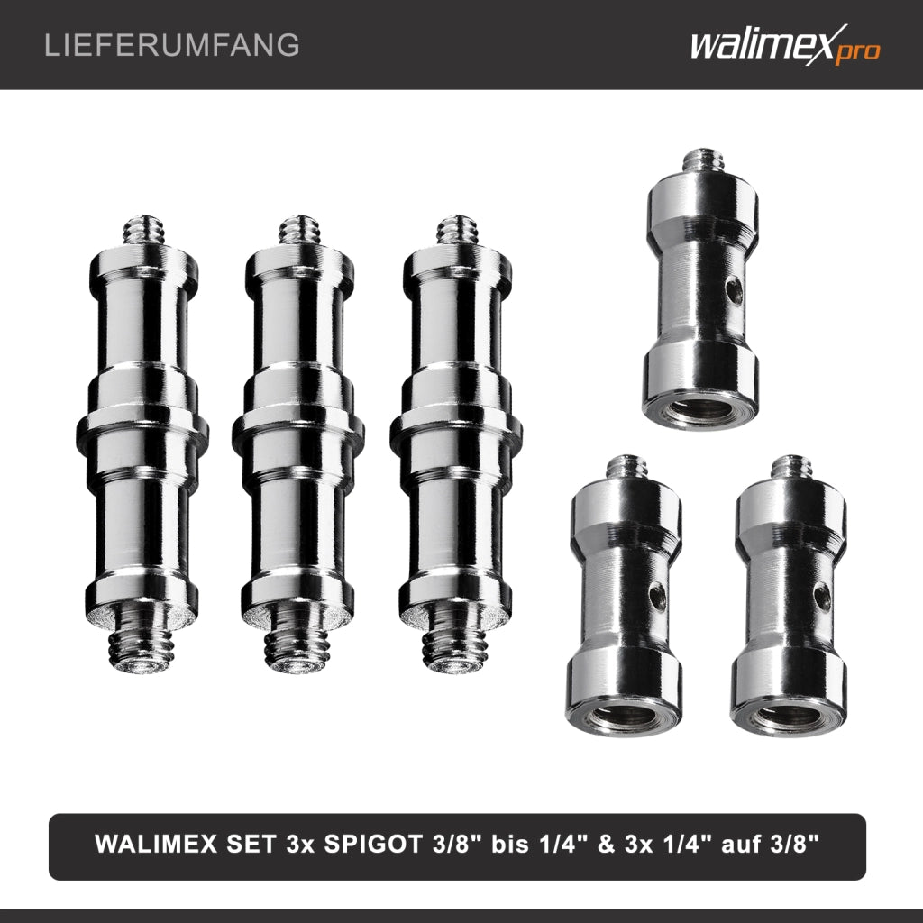 Walimex Set Spigot 3+3 Adattatori per filettatura 3/8“ 1/4” per collegamento accessori foto e video, allestimenti luci servizi fotografici