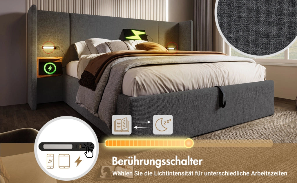 DESMIU Letto Contenitore Letto Matrimoniale 180 × 200 cm con ripiani, USB, Type-C e lampada da lettura, senza materasso