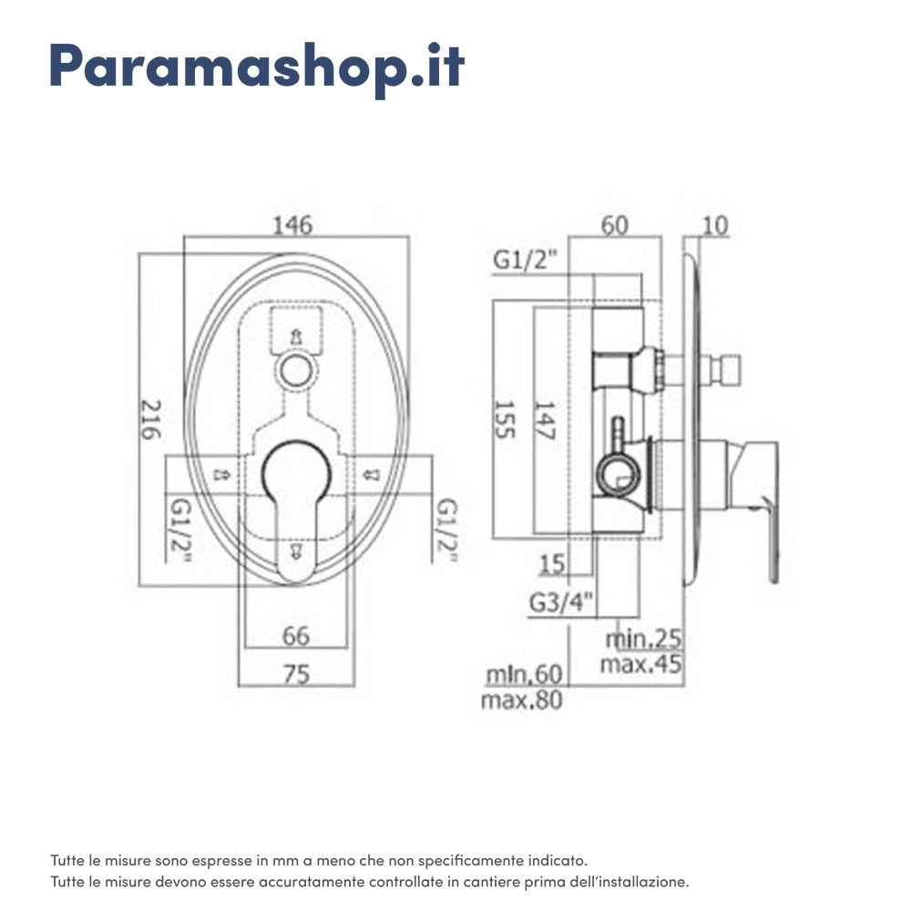 Paffoni miscelatore incasso doccia cromato piastra ovale con deviatore a pulsante mod. Blu
