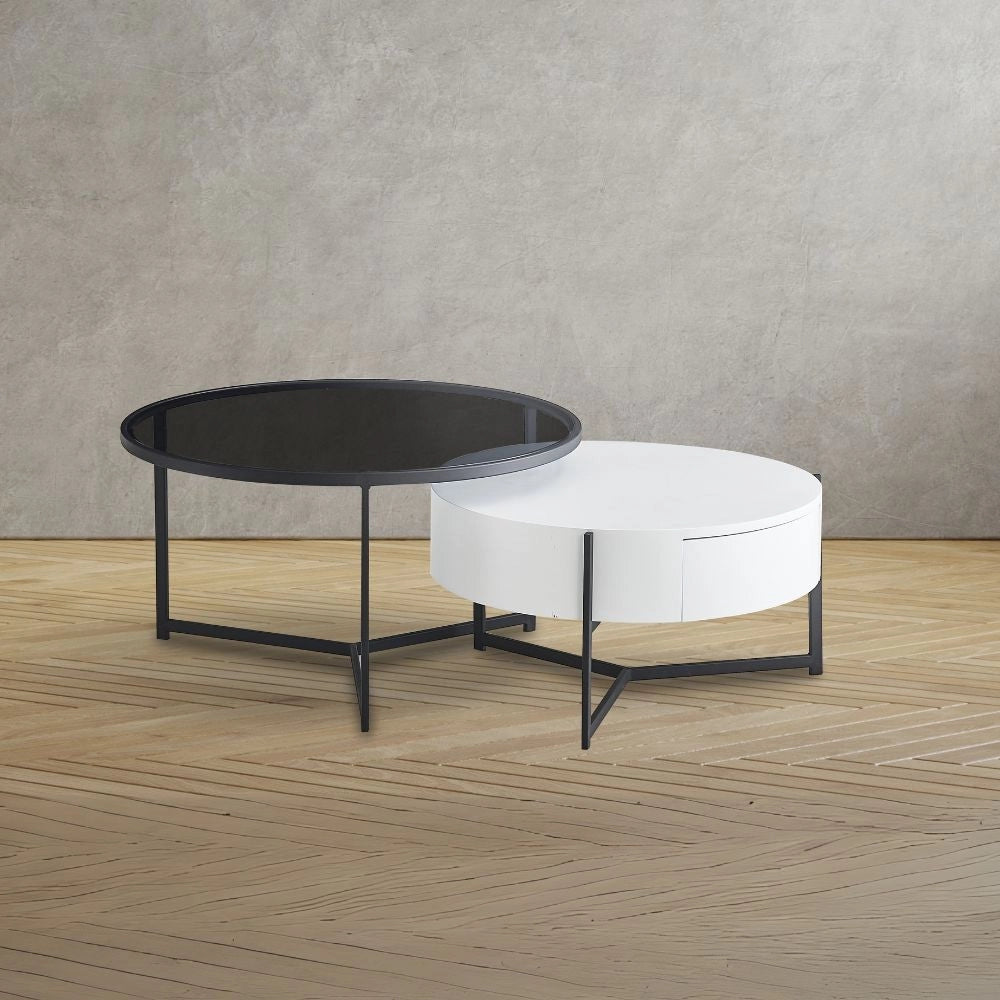 Tavolino rotondo da salotto Velvi bianco e nero – Eleganza funzionale in due livelli