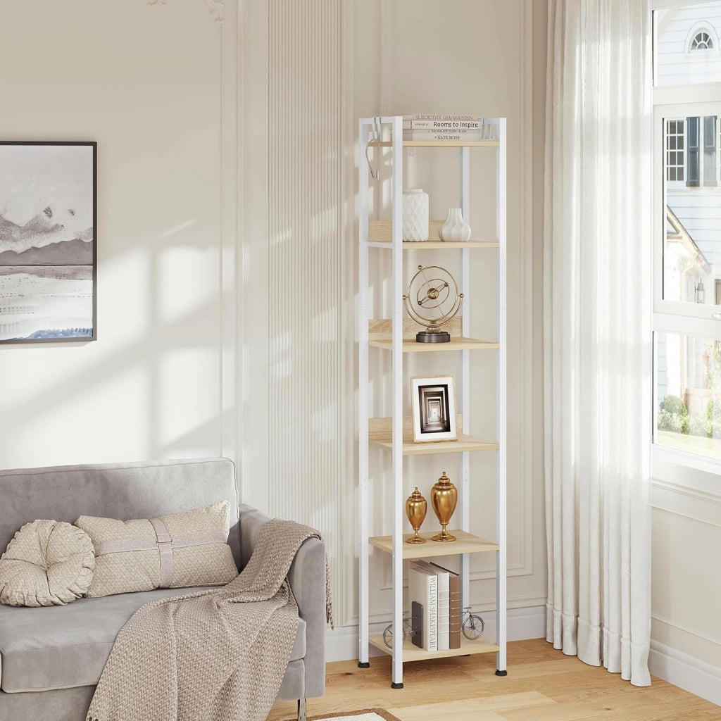 Libreria a 6 Ripiani, Scaffale con 4 Ganci Industriale, Scaffale a Scala in MDF e Metallo per Soggiorno, Cucina, Studio, Ufficio,Bianco,40x30x187cm RGB931hov